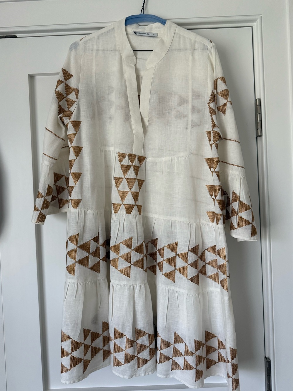 Greek Archaic Kor Embroidered White Midi Dress with Gold Geometric Trim